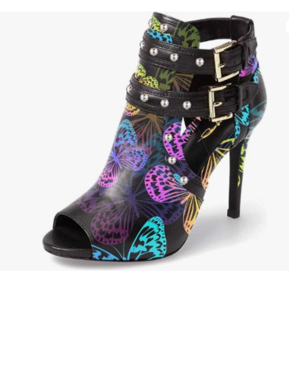 XYD Butterfly Studs Peep Toe Ankle Bootie High Heel Pumps Buckled Double Straps